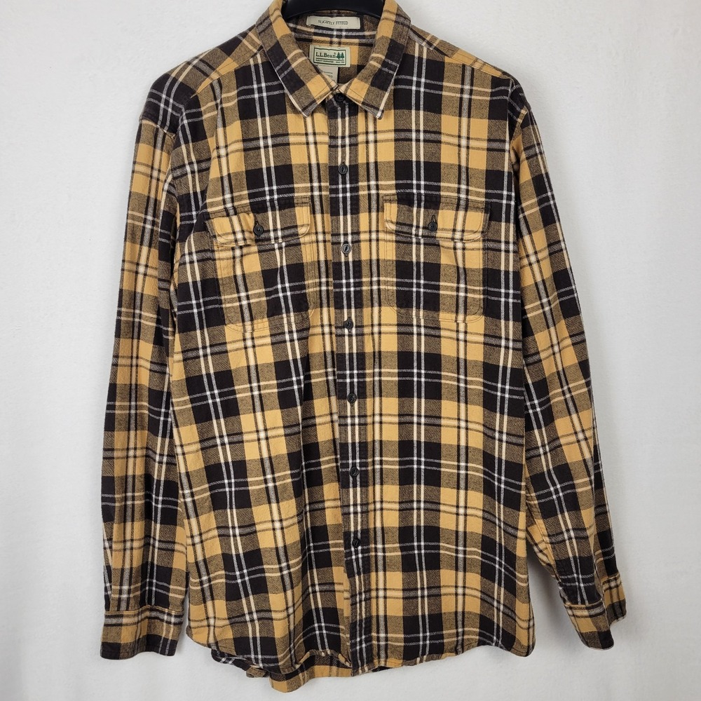 L.L. Bean Flannel Shirt Men's Large L Regular Yellow Black Plaid Slightly Fitted